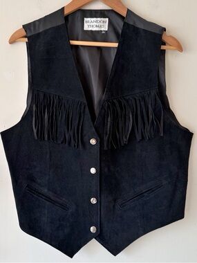 Vintage 90s Suede Fringe Brandon Thomas Black Western Vest Cowboy Core Goth Boho